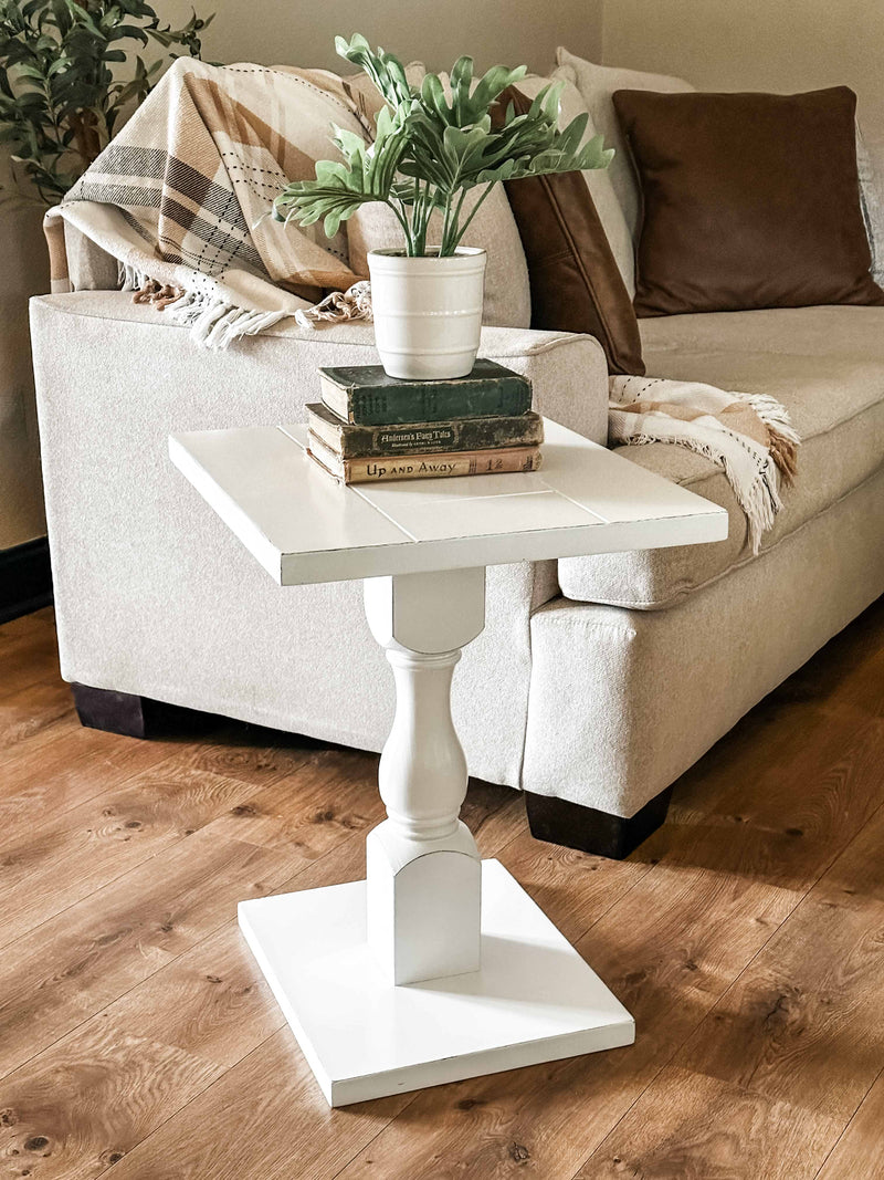 Rustic baluster farmhouse single leg side table ivory distressed