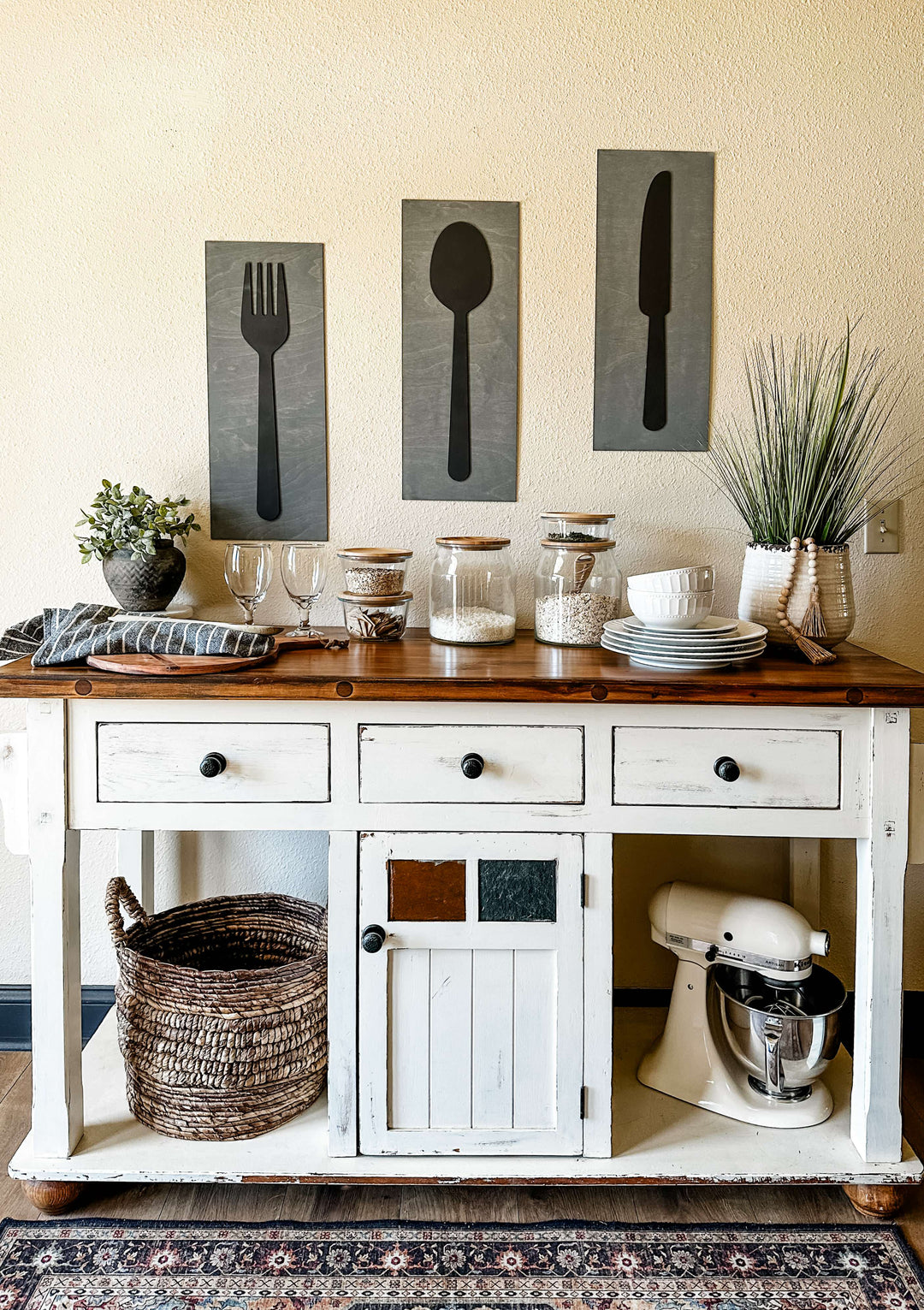 Fork, spoon, and knife set handmade of wood wall decor in dark charcoal with heather gray layered set