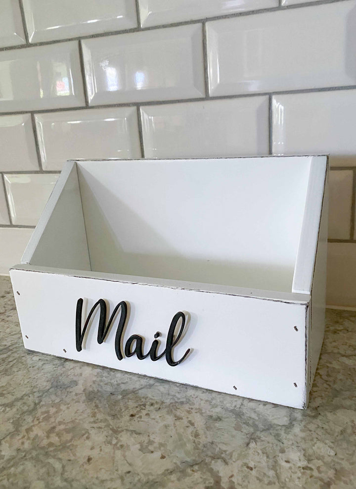 handmade wooden mail caddy in white distressed