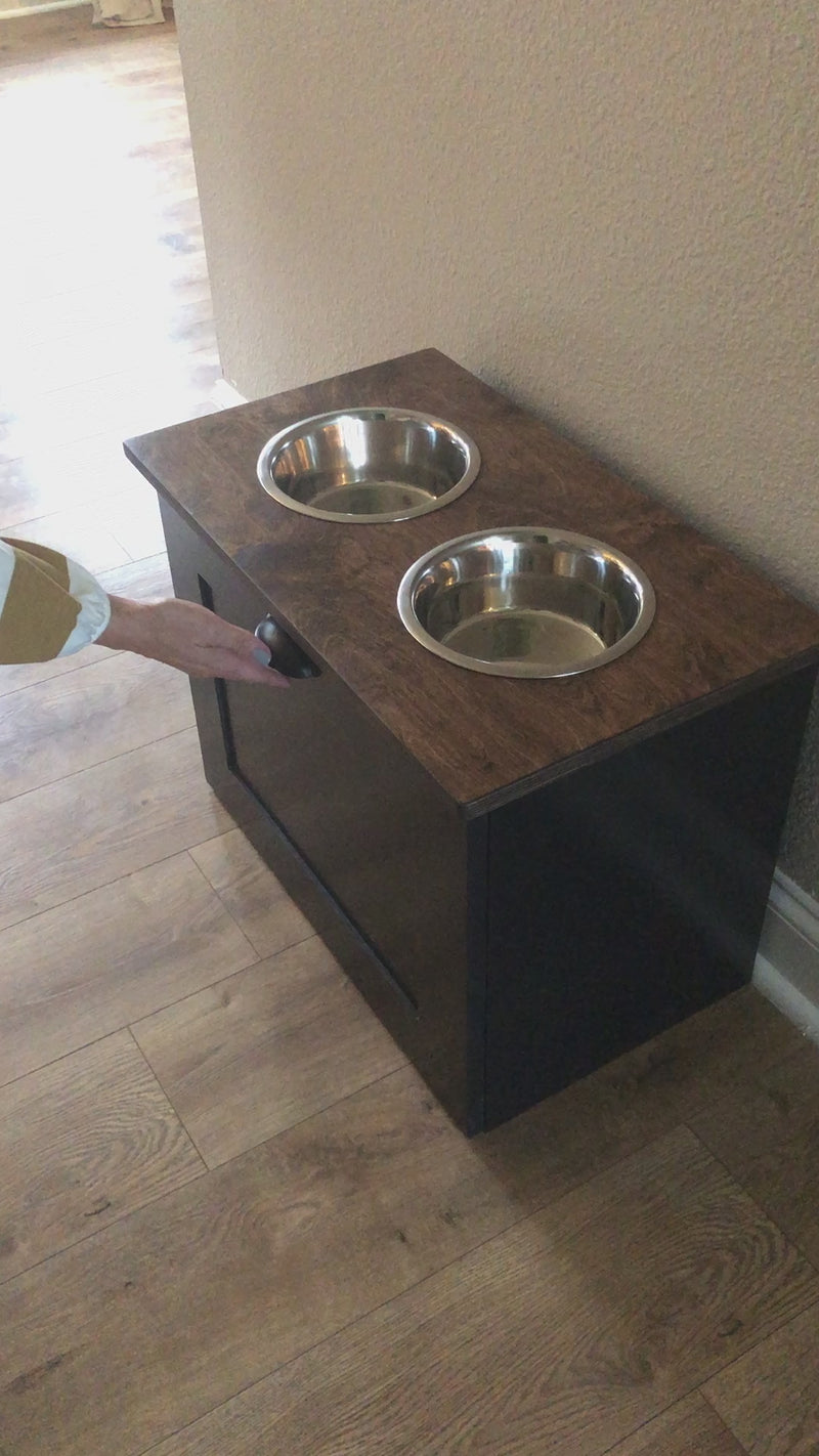 Two Bowl Size Elevated Dog Feeder in Dark Brown with a Chalkboard Front (DK BRWN- chalk | 2 bowl)