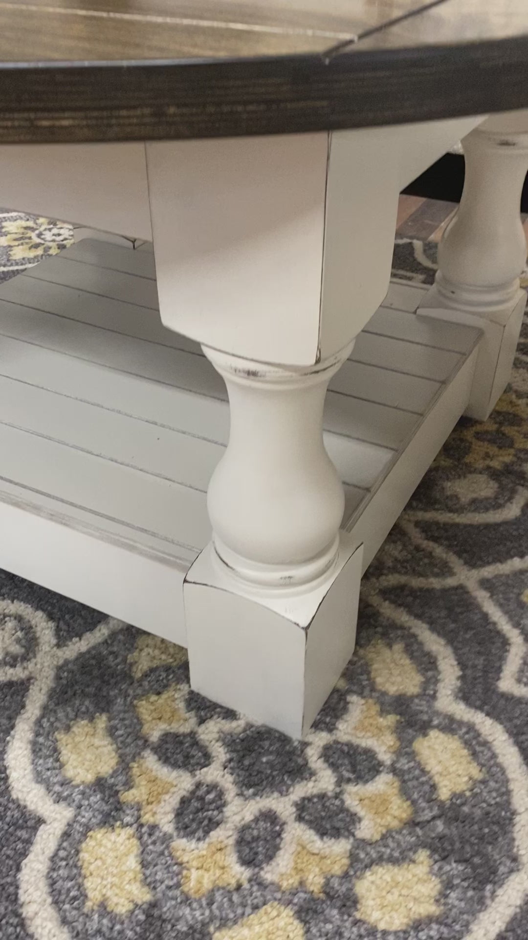 Rustic baluster round farmhouse coffee table distressed with stained top