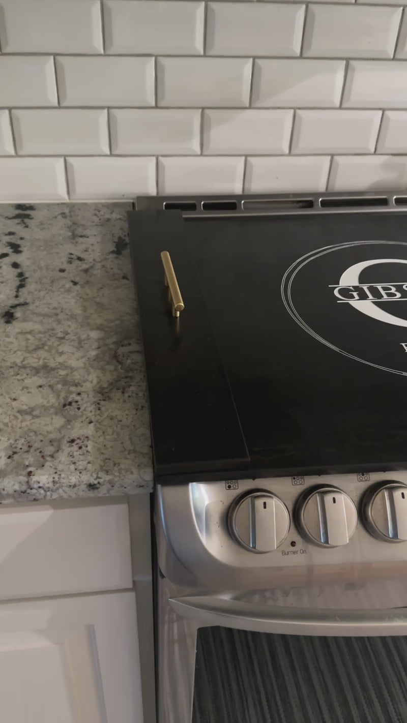 Personalized monogram stove cover, black + soft white "Gibson"