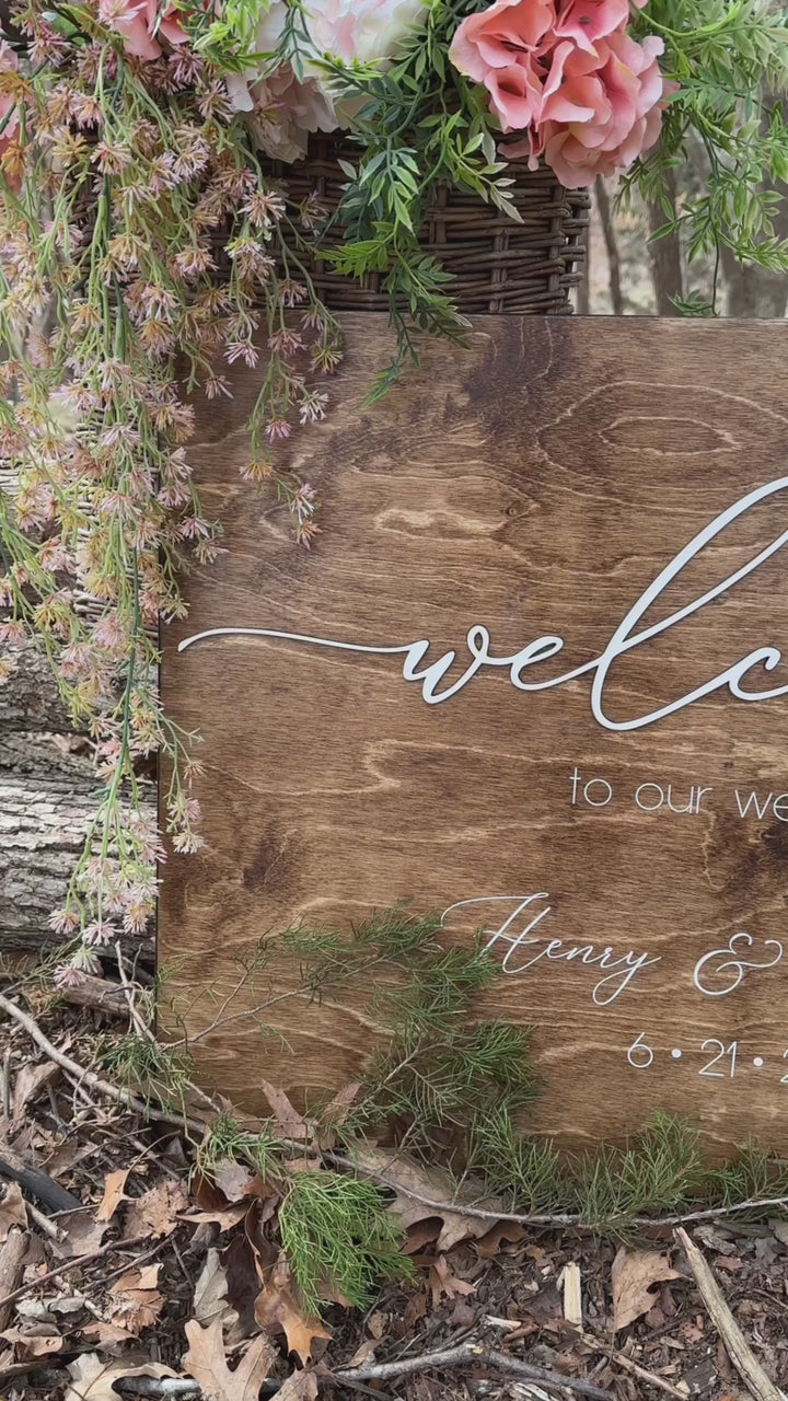 Personalized "welcome to our wedding" sign in fine-line script