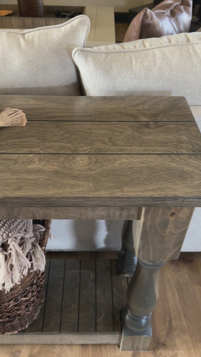 Entry table with baluster legs fully stained aged barrel