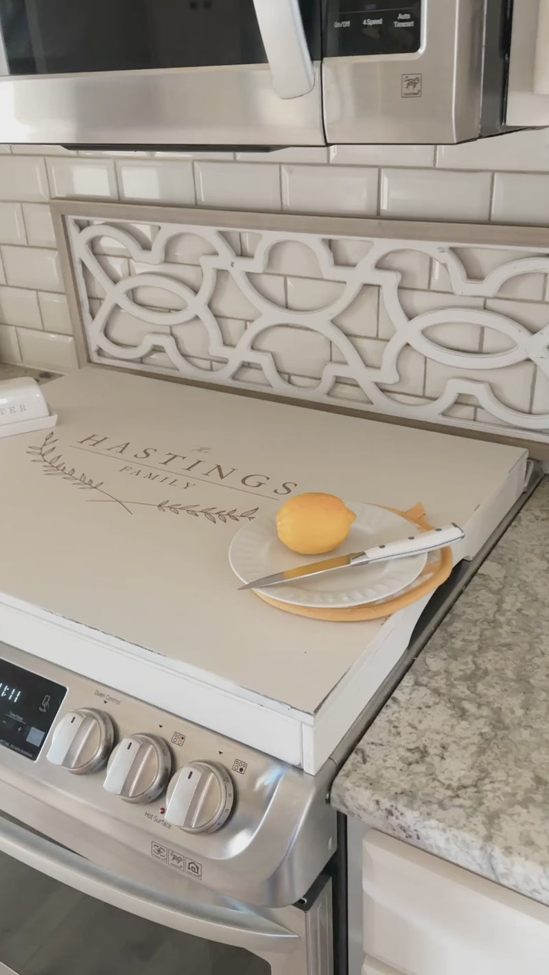 Personalized last name stove cover, ivory distressed, Hastings