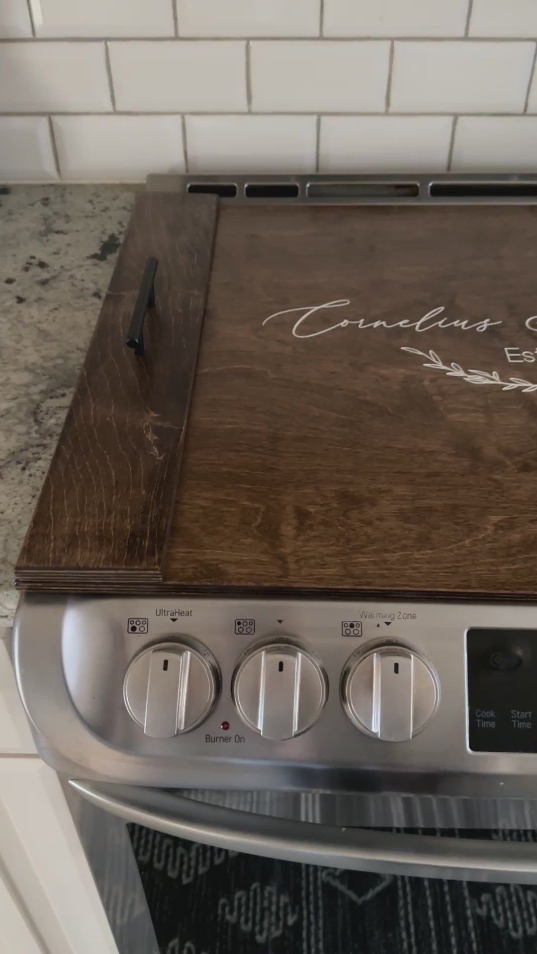 Personalized wedding stove cover, warm brown + soft white "Sophia"
