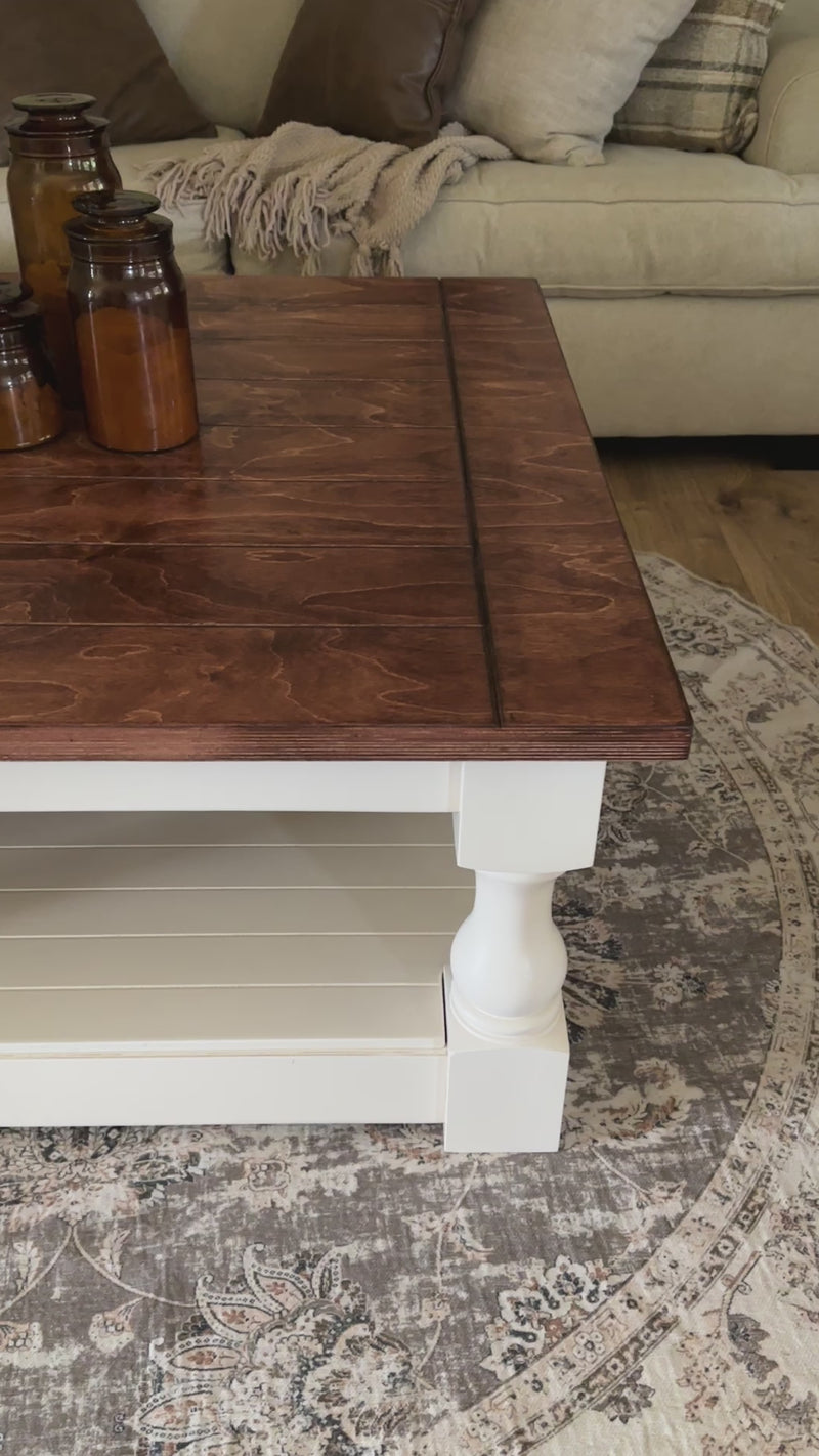 Rustic baluster square farmhouse coffee table in red oak