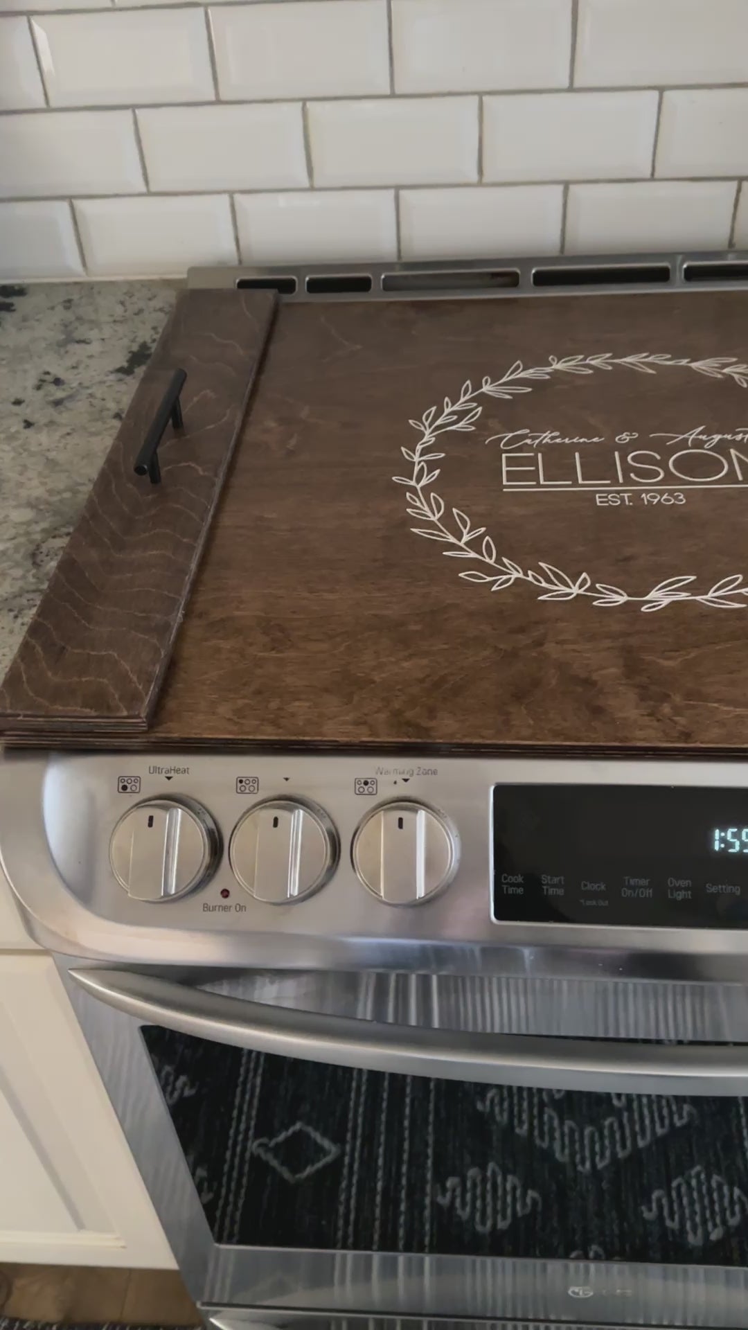 Personalized wedding stove cover in warm brown Ellison