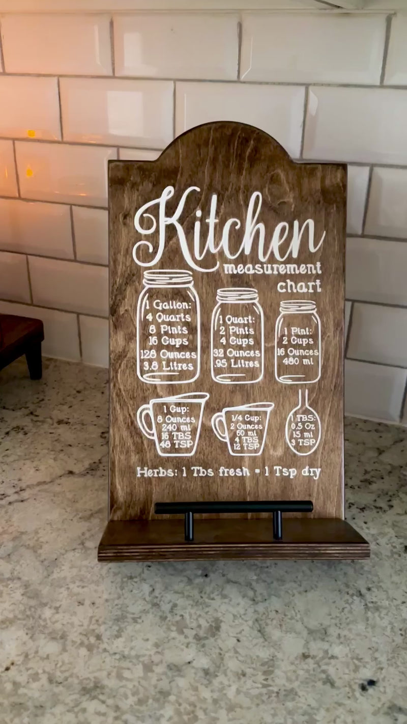 Kitchen conversion chart with painted inset style cookbook holder stained