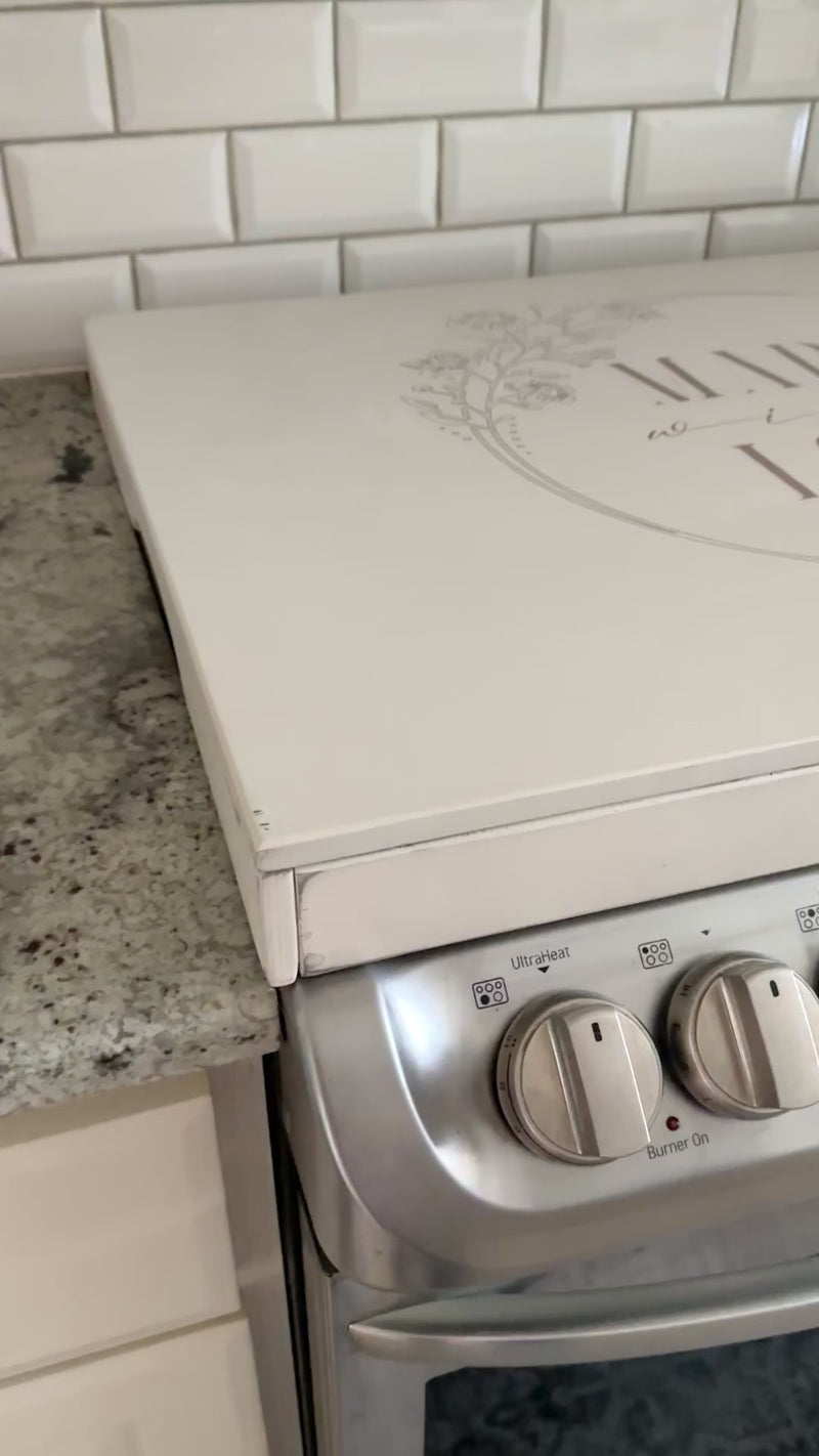 "Made with love" stove cover, ivory distressed