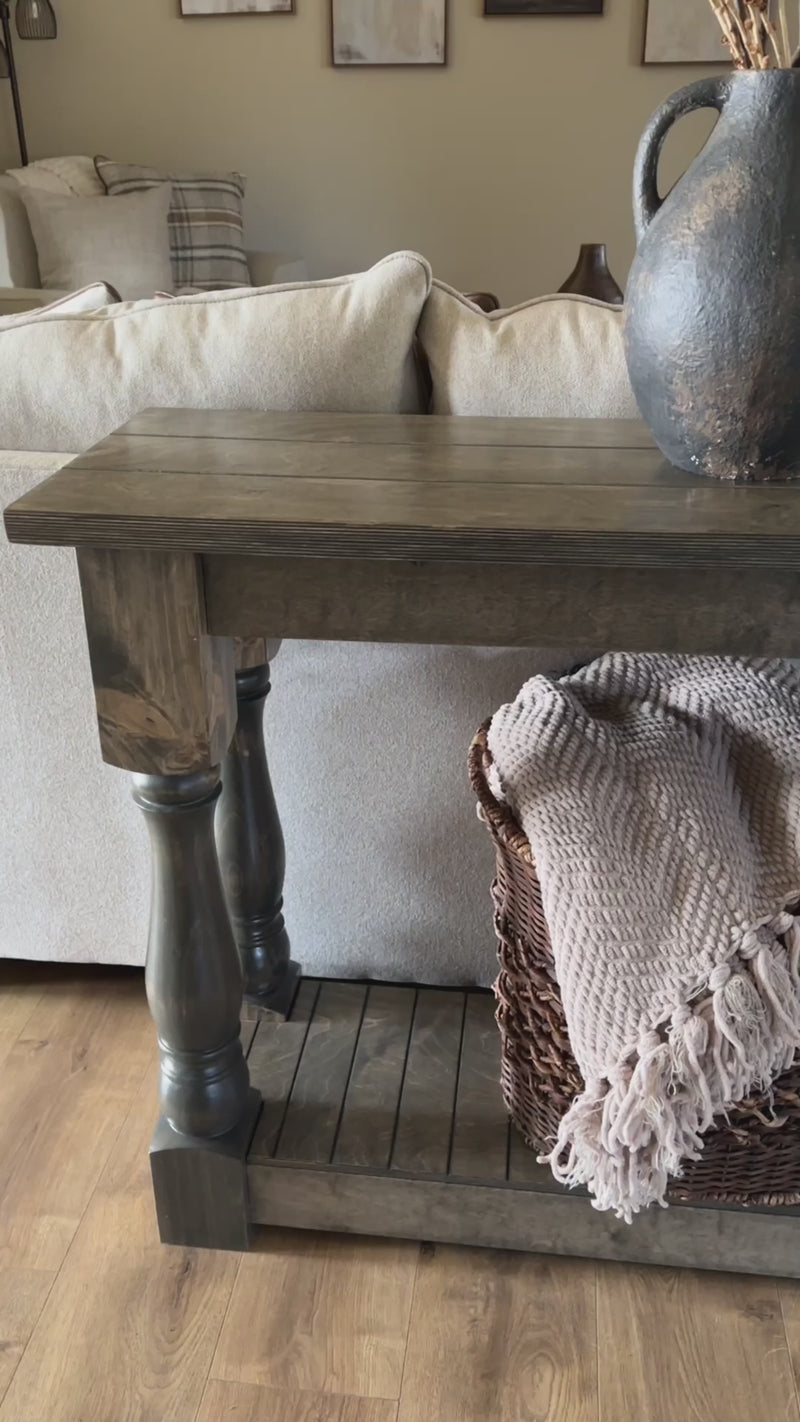 Entry table with baluster legs fully stained aged barrel