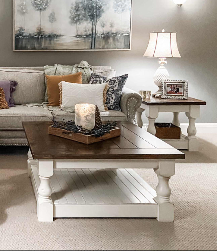 Rustic baluster square farmhouse coffee table distressed with dark brown top