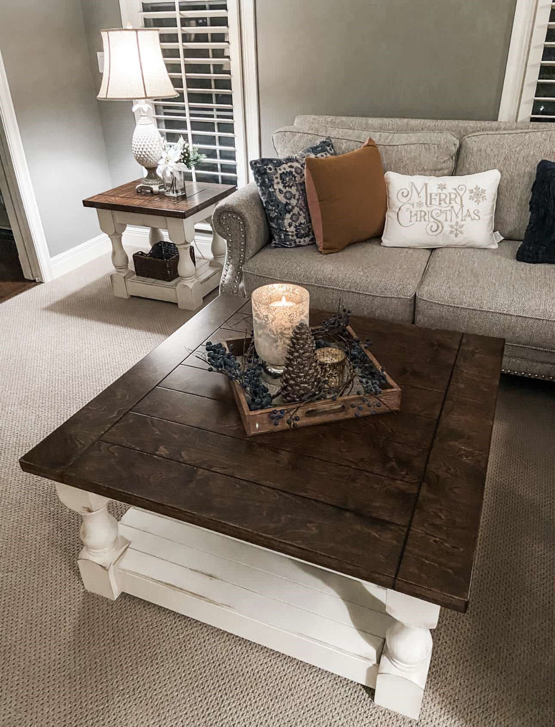 Rustic baluster square farmhouse coffee table distressed with dark brown top