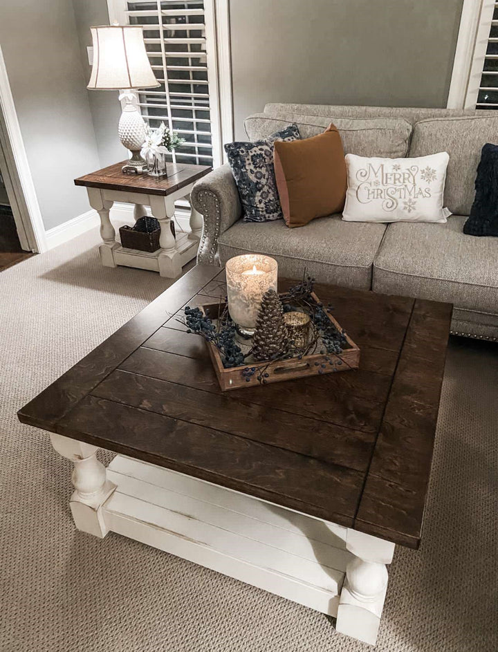 Rustic baluster square farmhouse coffee table distressed with dark brown top