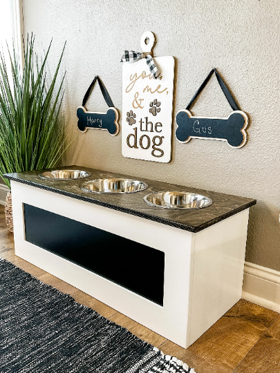 Three Bowl Extra-Large Size Elevated Dog Feeder in White with a Chalkboard Front and a Dark Brown Stained Top (W-chalk-DK BRWN top | 3 bowl 18”)