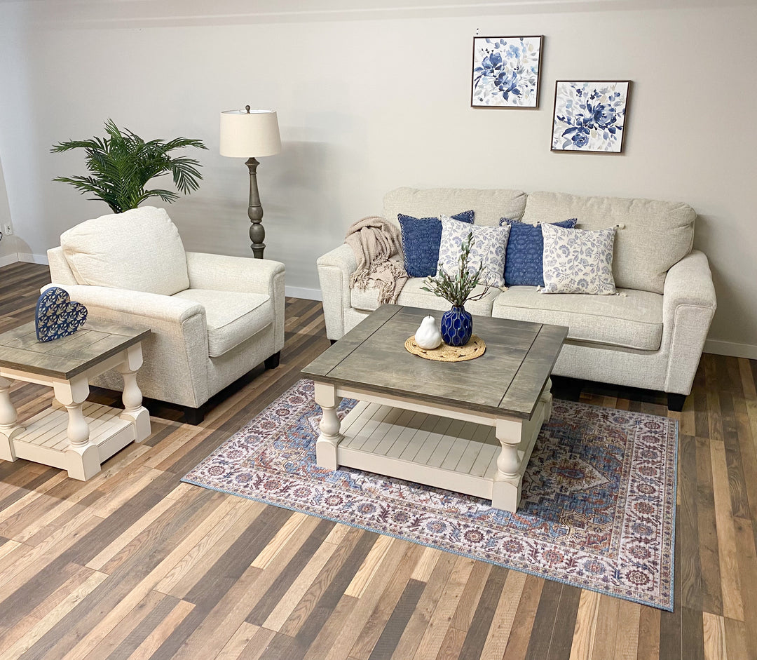 Rustic baluster square farmhouse coffee table aged barrel