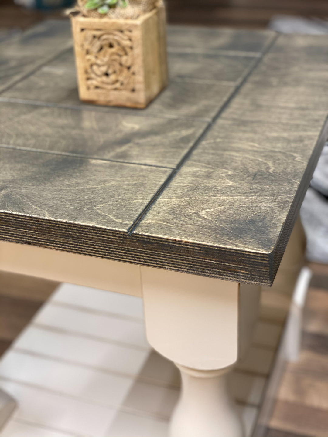 Rustic baluster square farmhouse coffee table aged barrel