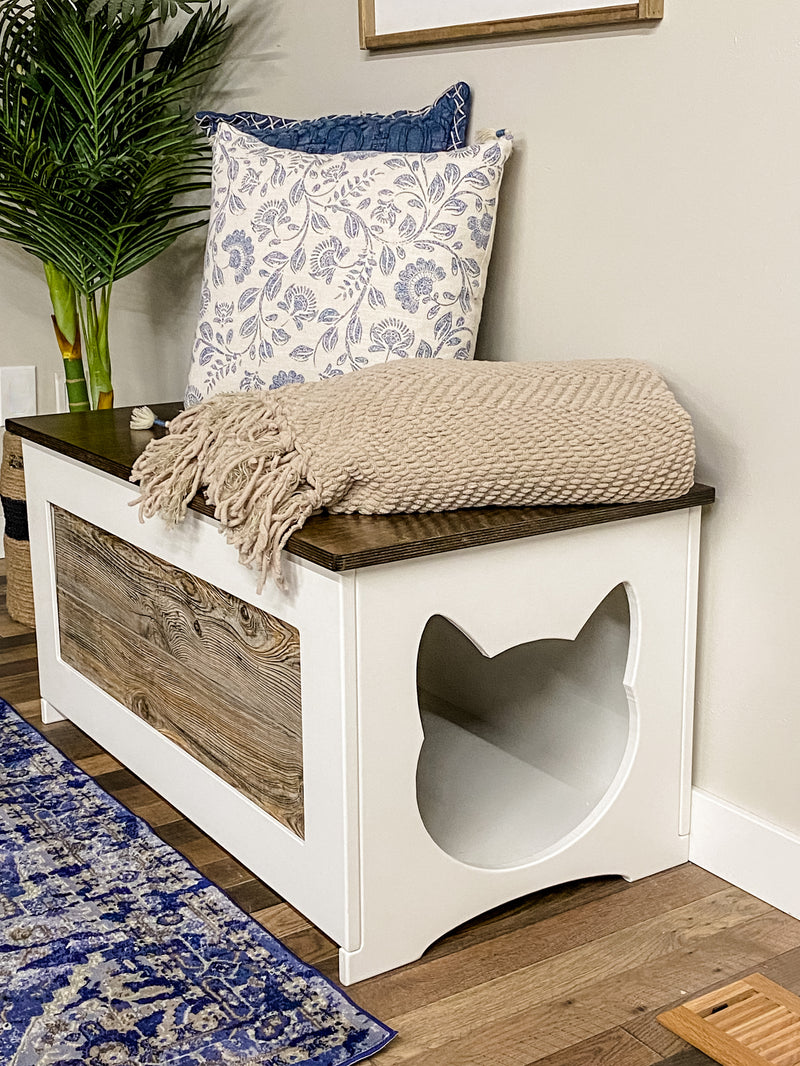 Hidden Litter Box in White with a Stained Top and Cedar Look Panel
