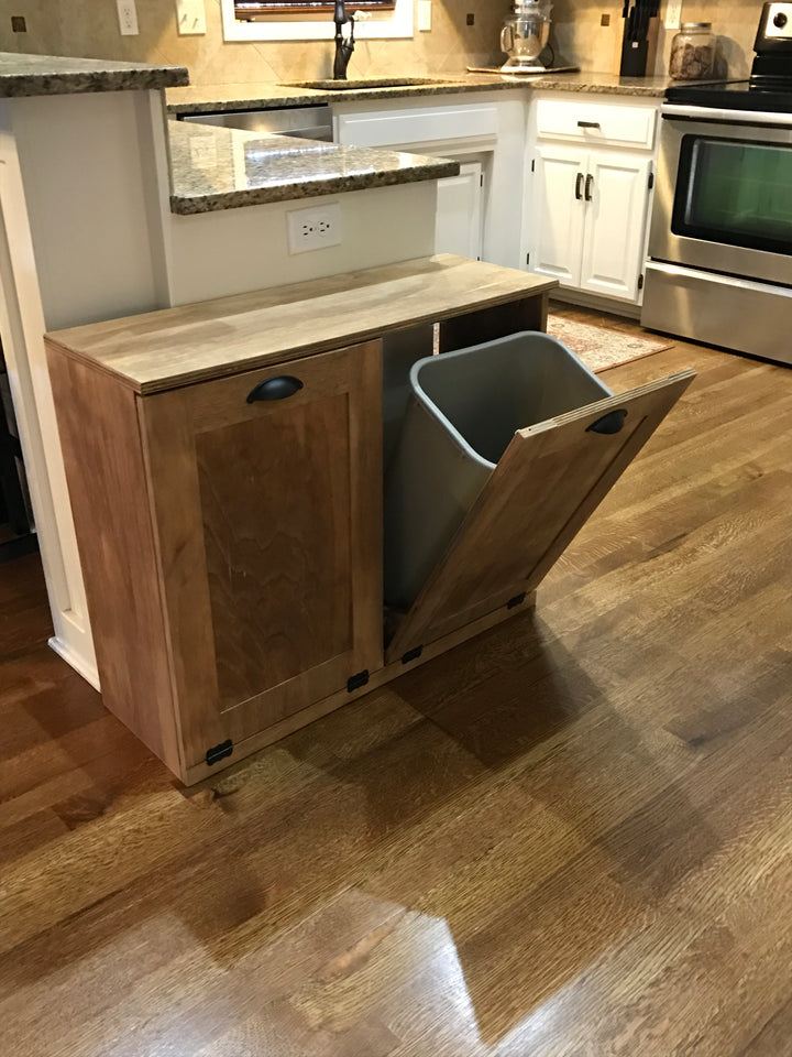 Furniture style double trash cabinet in golden oak