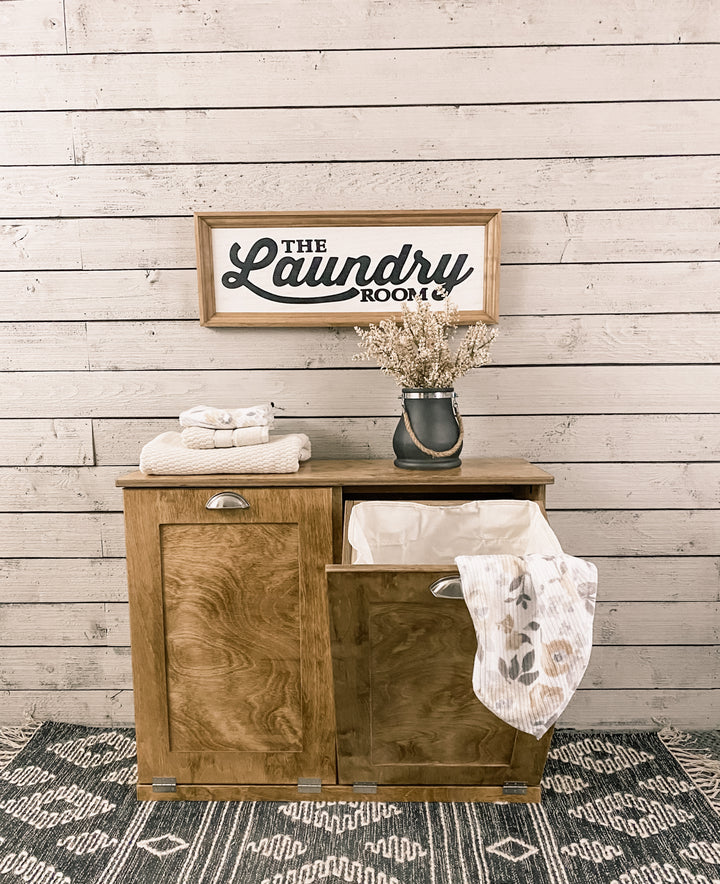Furniture style handmade double tilt-out cabinet in golden oak stain