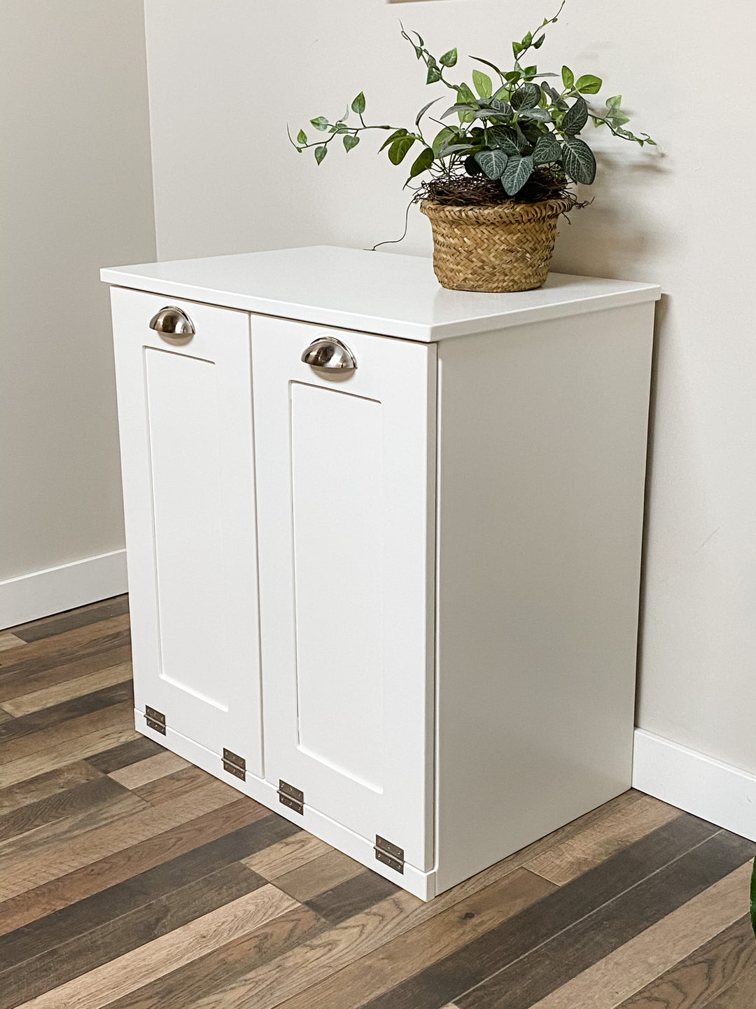 Slim style double trash cabinet in white