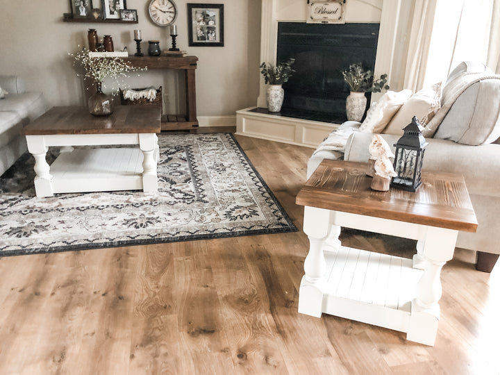 Rustic baluster farmhouse end table in warm brown distressed