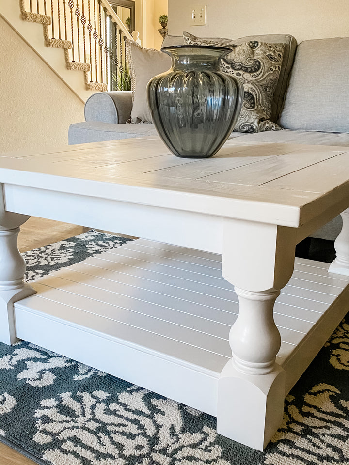 Rustic baluster square farmhouse coffee table all over paint no distressing