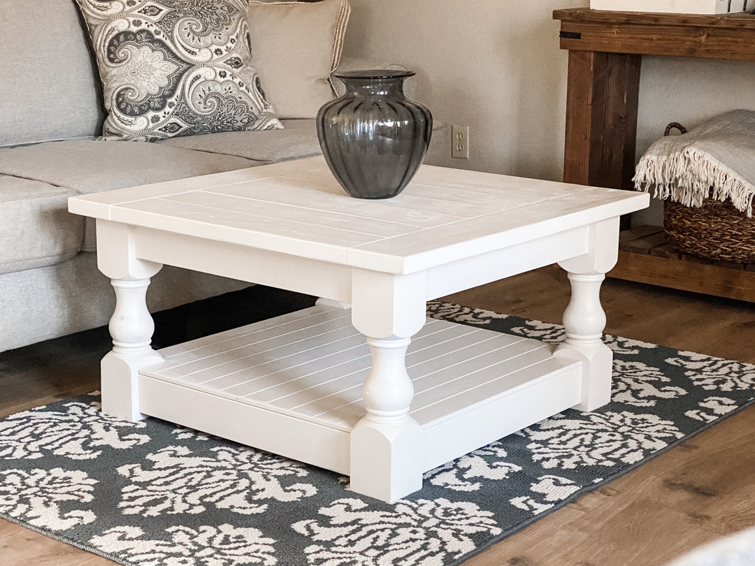 Rustic baluster square farmhouse coffee table all over paint no distressing