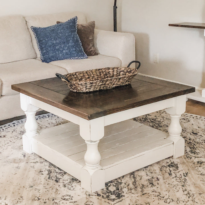 Rustic baluster square farmhouse coffee table distressed with dark brown top