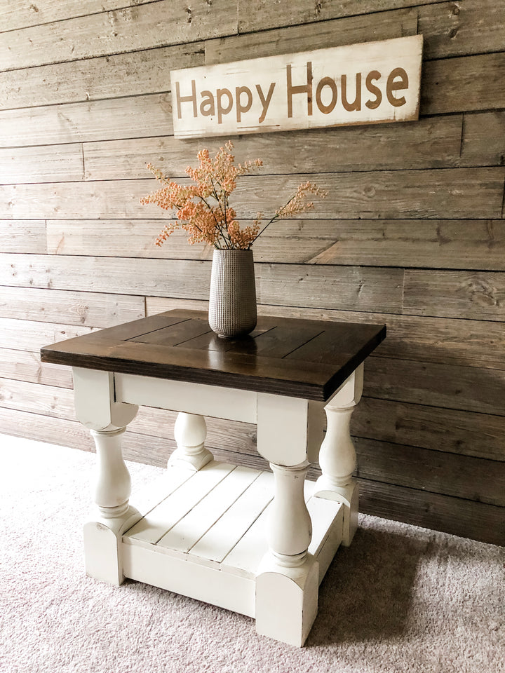 Rustic baluster farmhouse end table in dark brown