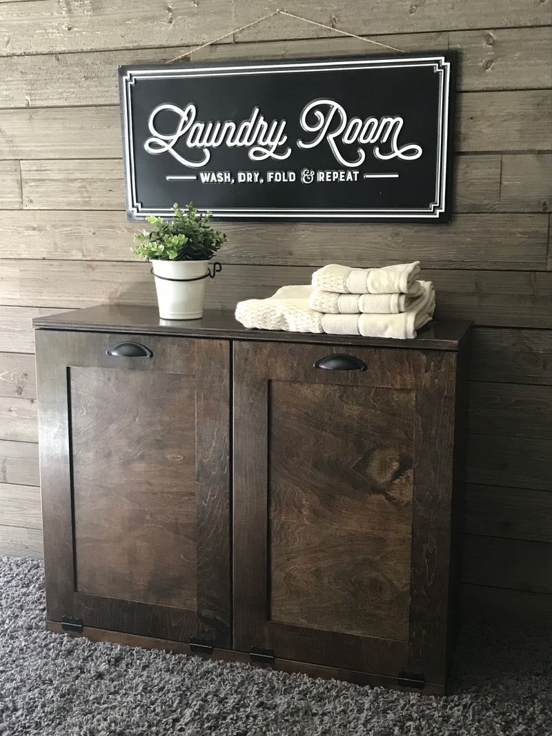 Espresso double size laundry hamper.  Handle options are gold, silver, or black. Panel options are cedar look panel, chalkboard, barn metal, or flat front.