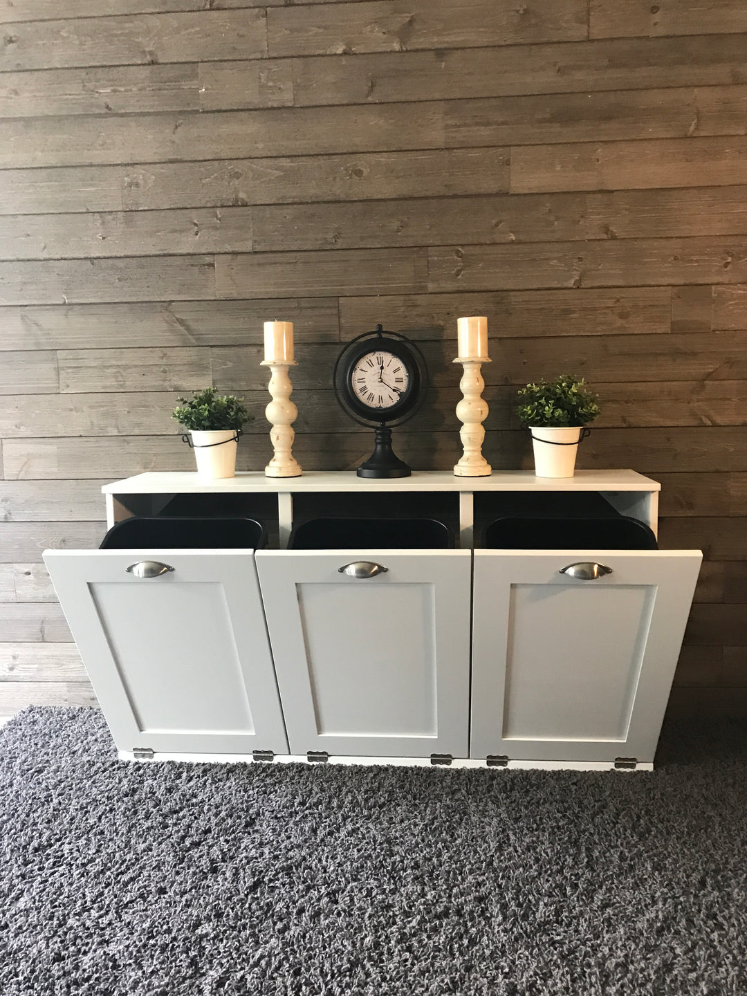 Triple trash farmhouse cabinet in white