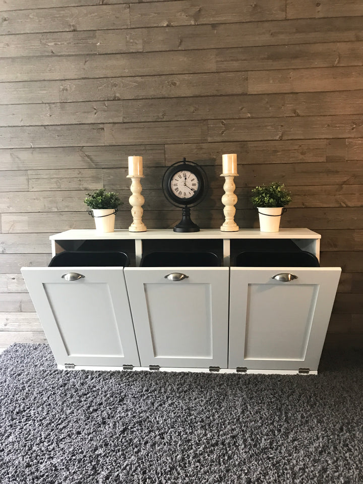 Triple trash farmhouse cabinet in white
