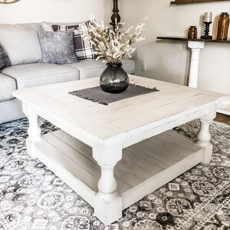 Rustic baluster square farmhouse coffee table all over painted and distressed
