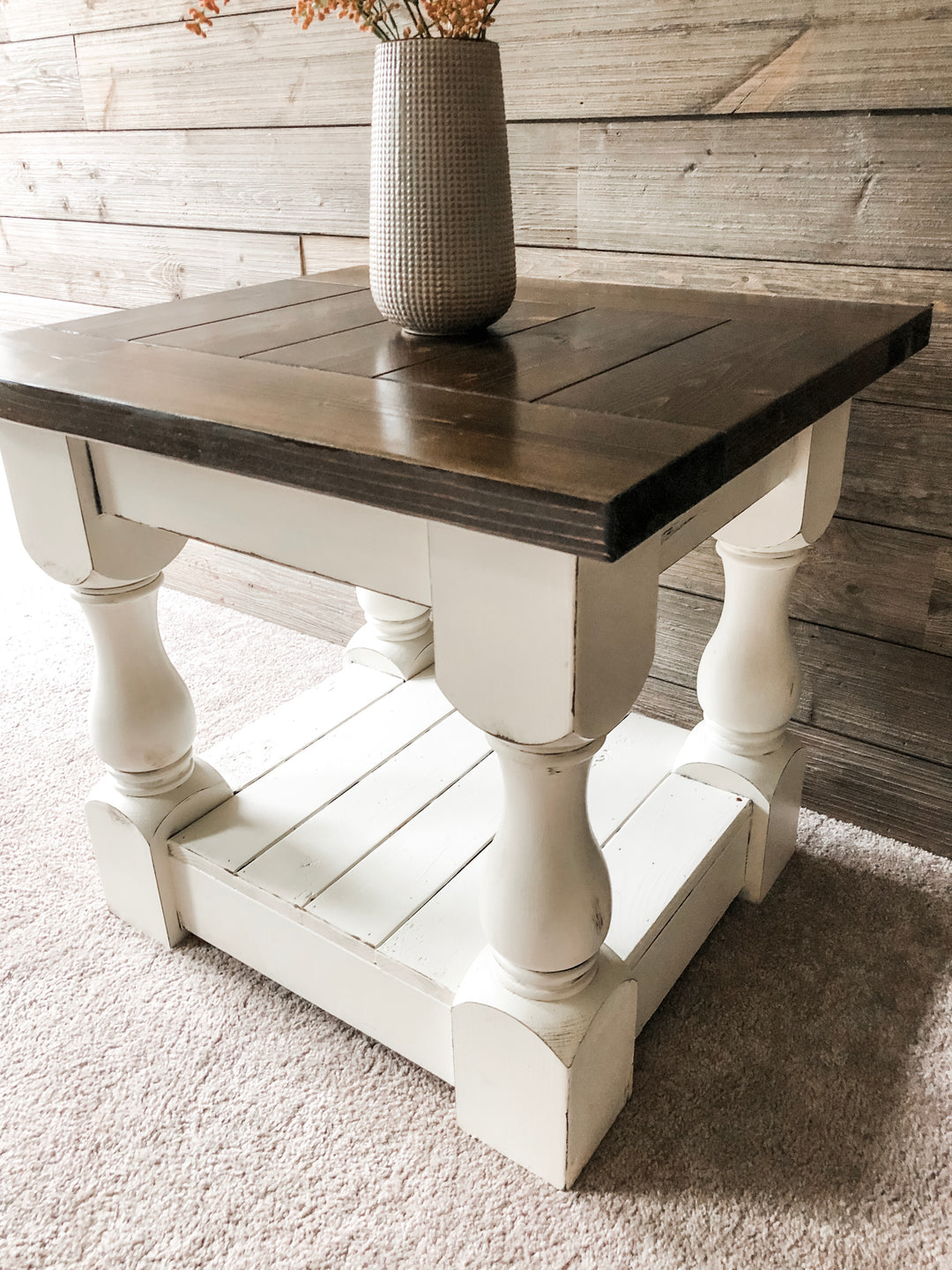 Rustic baluster farmhouse end table in dark brown