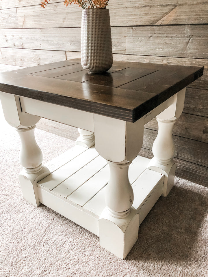 Rustic baluster farmhouse end table in dark brown