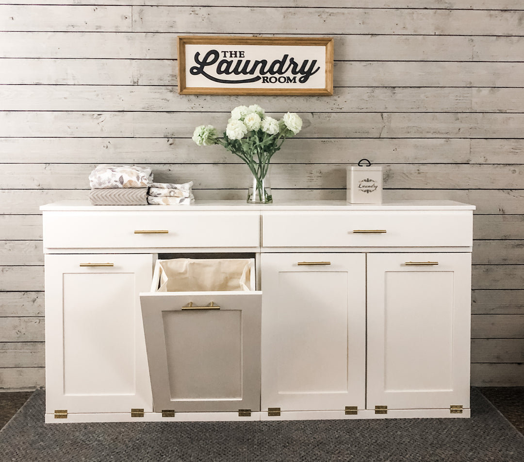 Four bin laundry sorter with a storage drawer in white