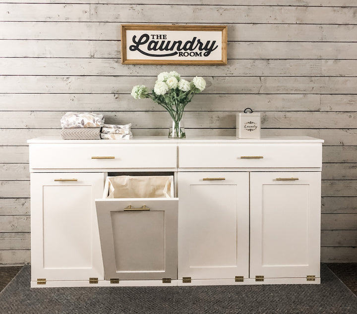 Four bin laundry sorter with a storage drawer in white