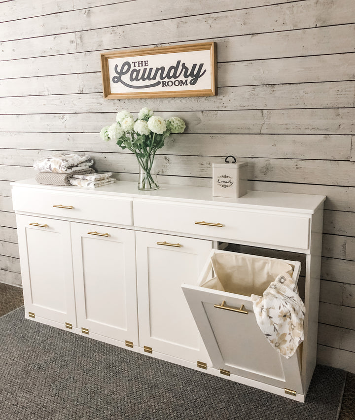 Four bin laundry sorter with a storage drawer in white