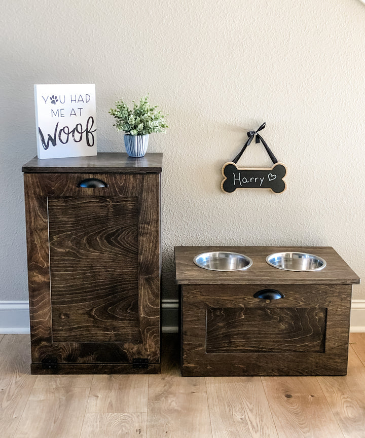 two bowl elevated dog feeder with storage