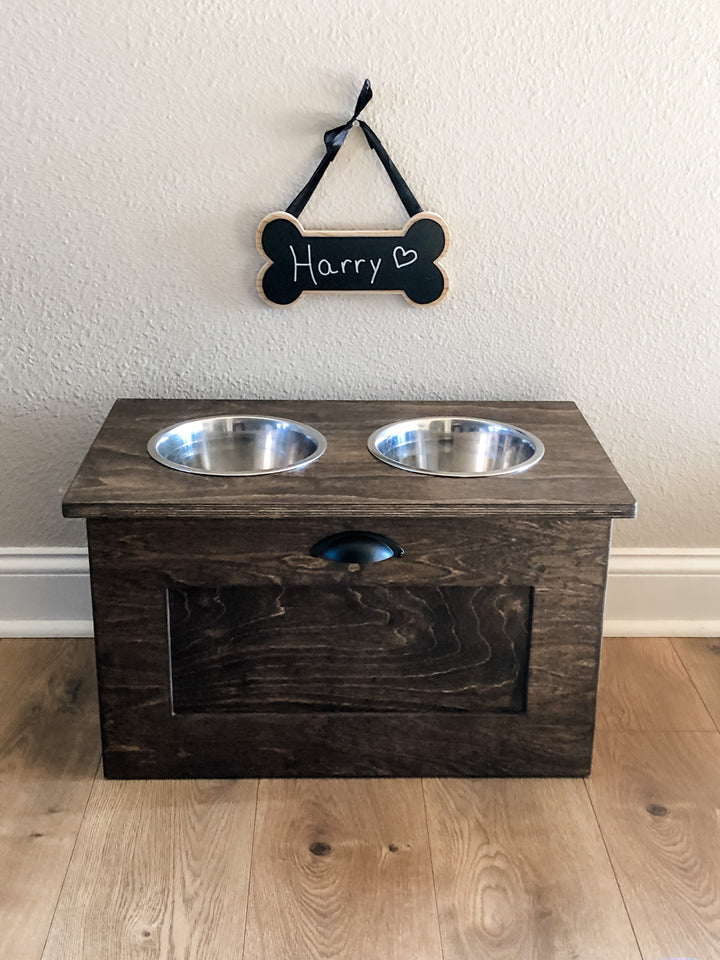 two bowl elevated dog feeder with storage