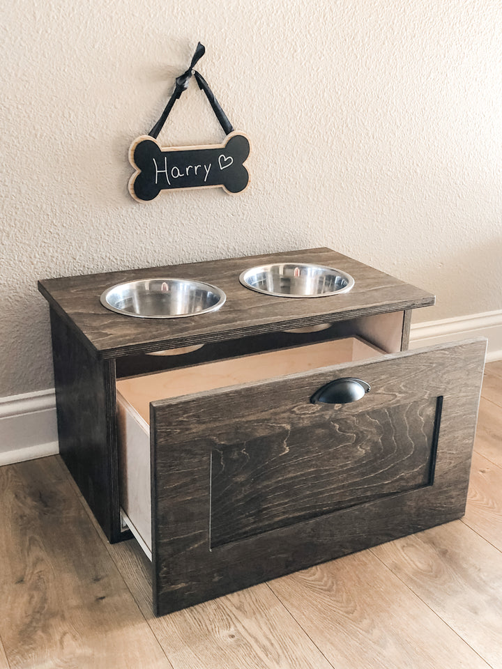 two bowl elevated dog feeder with storage