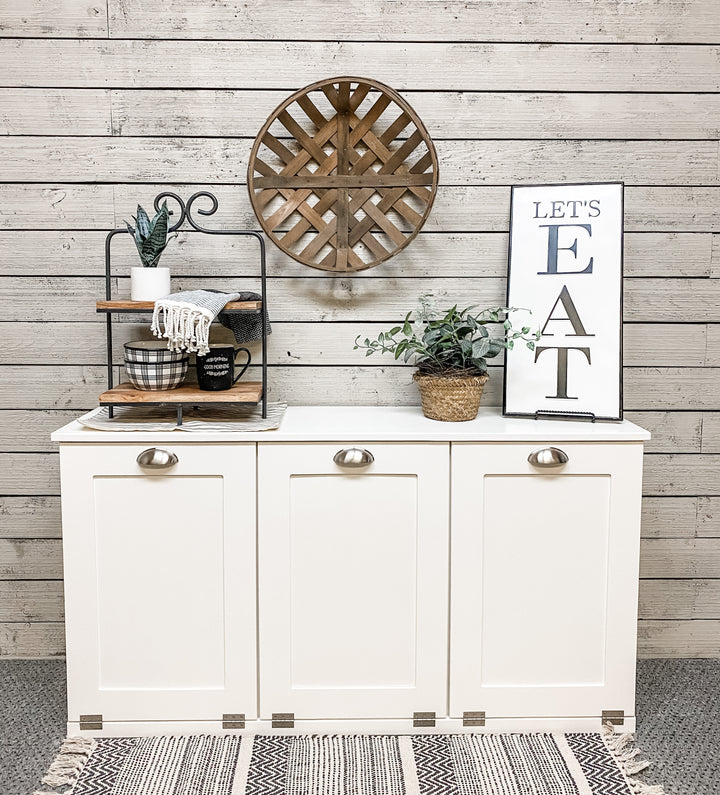 Triple trash farmhouse cabinet in white