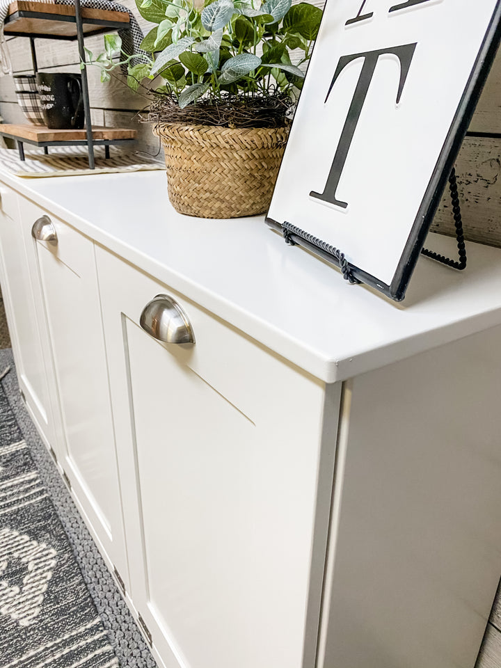 Triple trash farmhouse cabinet in white