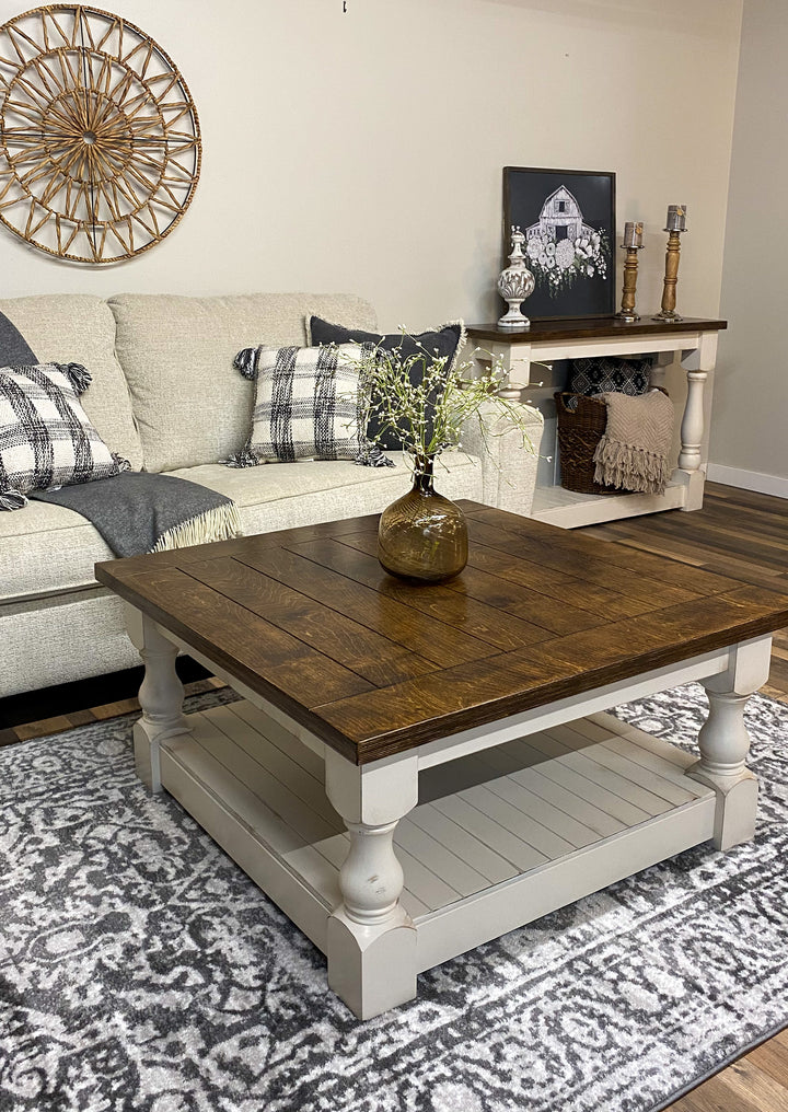 Rustic baluster square farmhouse coffee table distressed warm brown