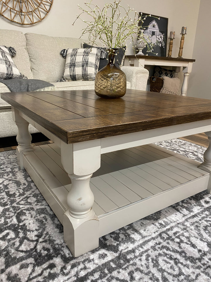 Rustic baluster square farmhouse coffee table distressed warm brown