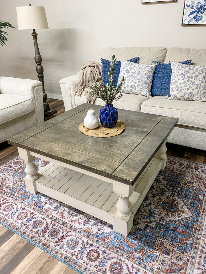 Rustic baluster square farmhouse coffee table aged barrel