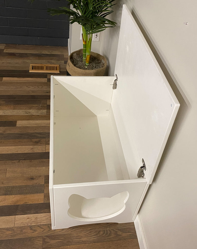 Hidden Litter Box in White with a Stained Top and Cedar Look Panel