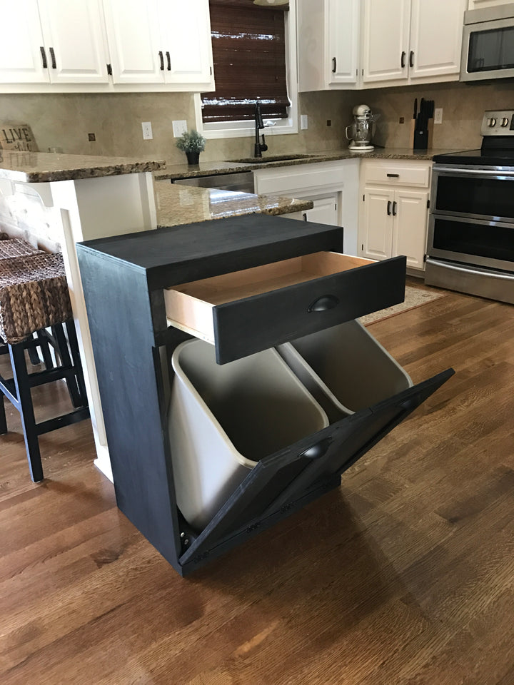 Slim style double trash cabinet with a storage drawer in black stain