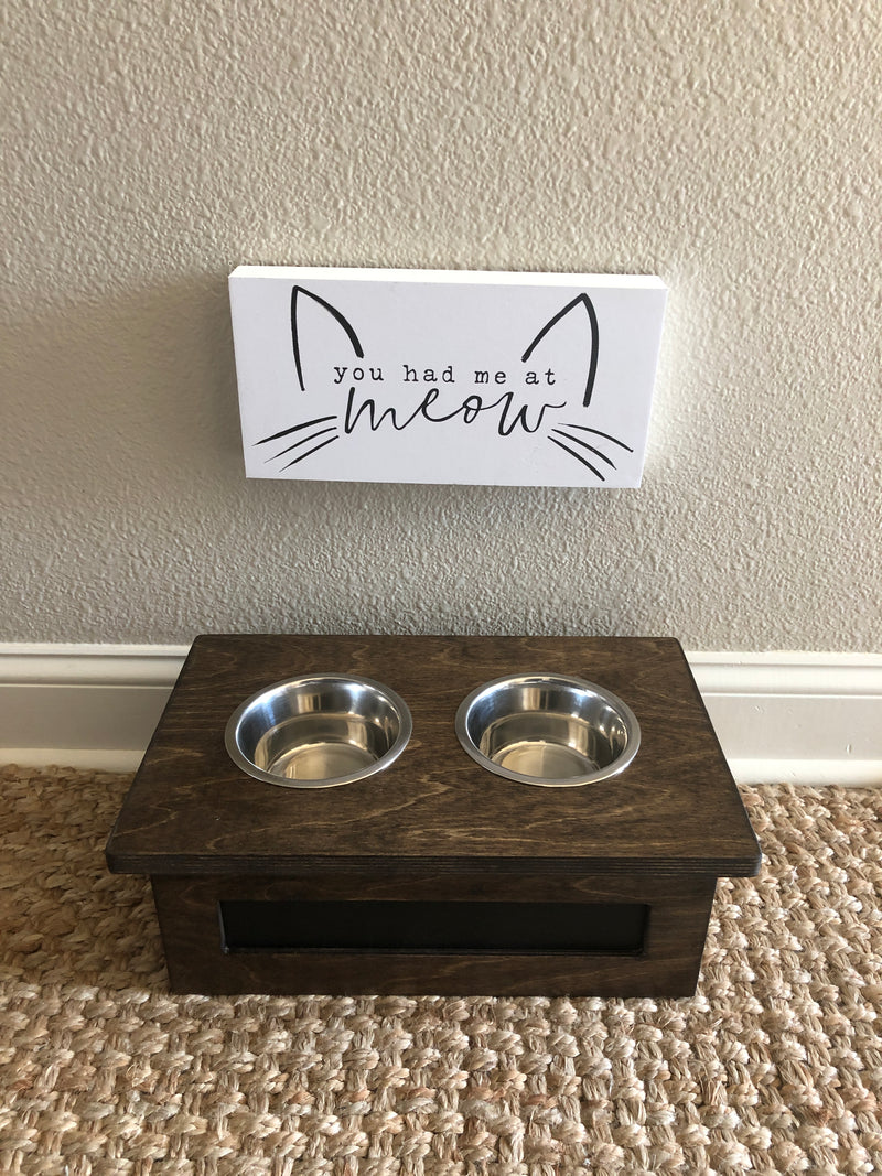 Two Bowl Small Size Elevated Pet Feeder in Dark Brown with a Chalkboard Front (Dark Brown-chalk | 2 bowl 4”)